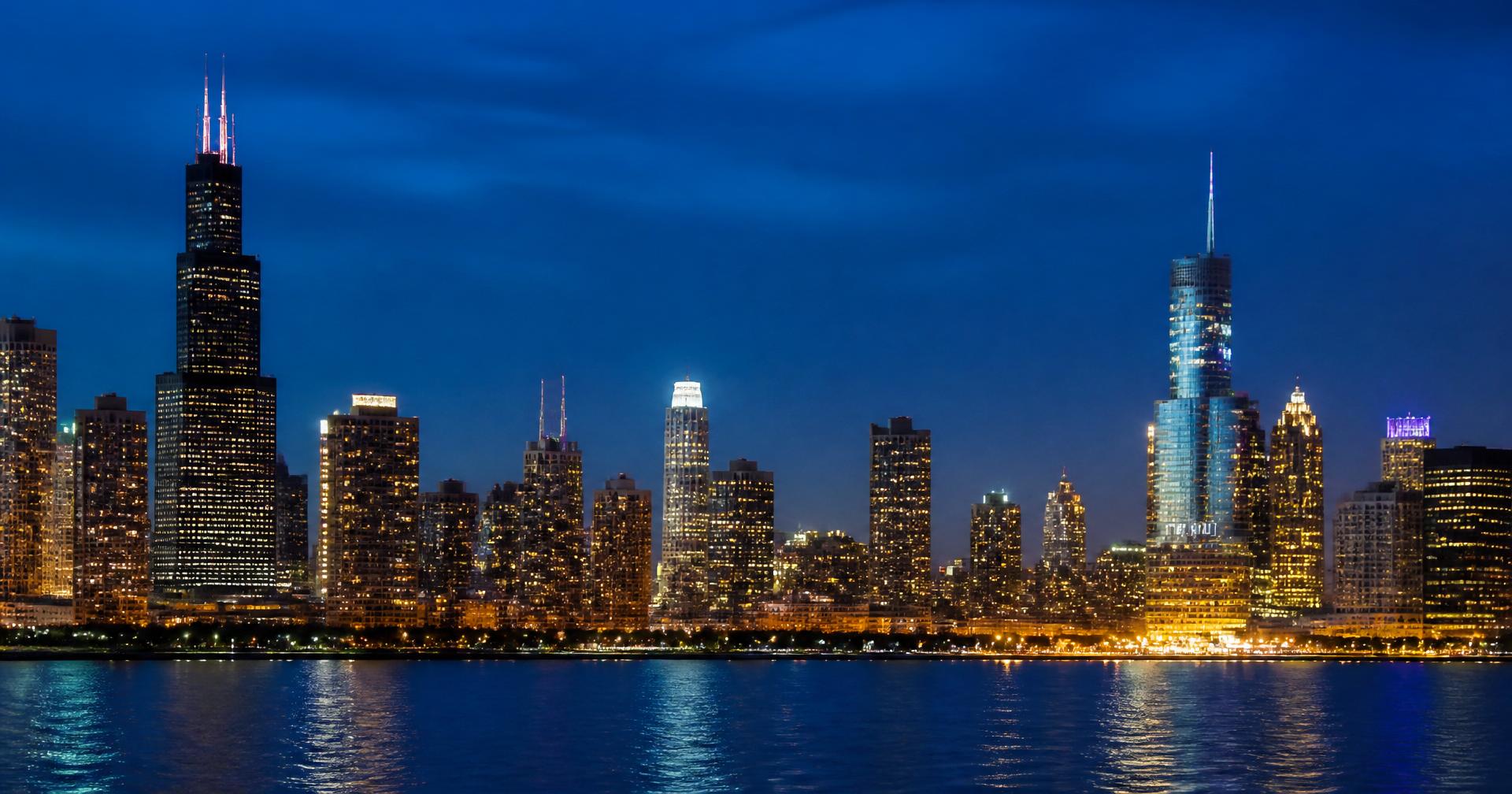 Chicago skyline at blue hour with Willis Tower and Trump Tower