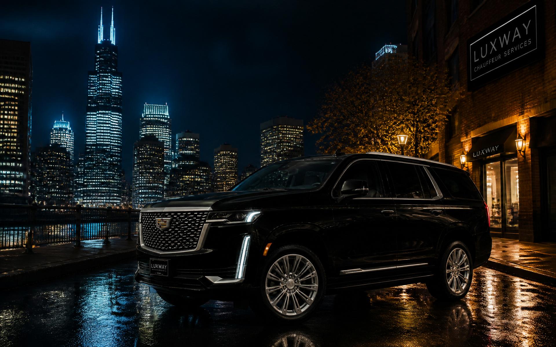 Black Cadillac Escalade parked on a rainy Chicago street at night with the skyline behind